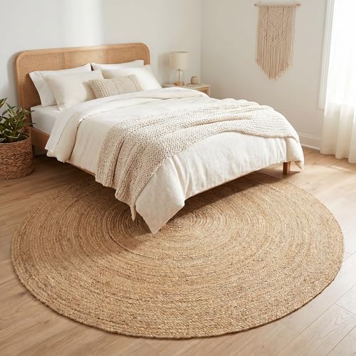 Jute Braided Area Rug, Natural - 8 Feet Round, Boho Neutral Indoor Circle Hand Woven Rugs for Living Room, Bedroom, Nursery, Dining Area | Farmhouse Large Rustic Patio Floor Mat for Coastal Décor - color: Natural, size: 8' (Round)