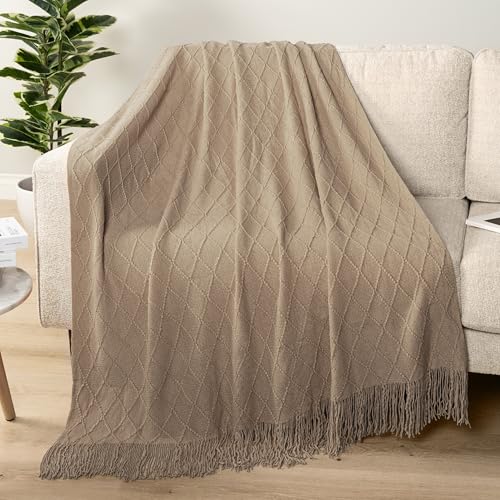 PAVILIA Tan Taupe Knit Throw Blanket for Couch Bed, Soft Knitted Farmhouse Sofa Throw for Living Room, Lightweight Decorative Fall Throw Blanket for Chair, Outdoor Textured Boho Blanket, 50x60 - color: Tan Taupe, size: 50 X 60 Inches - Throw