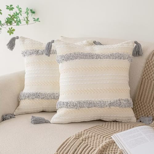 Boho Throw Pillow Covers 18x18 Set of 2 Woven Tufted Farmhouse Pillows Cover with Tassels Textured Striped Cushion Case Neutral Pillow Cases Decorative Pillowcase for Sofa, Couch, Bed, Light Grey - color: Light Grey, size: 18" x 18" (Pack of 2)