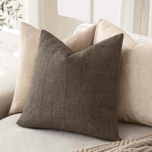 Foindtower Set of 1 Decorative Linen Check Throw Pillow Cover Neutral Farmhouse Vintage Cushion Cover Modern Boho Home Decor for Sofa Chair Couch Bedroom Living Room,16×16 Inch,Dark Brown - color: Dark Brown, size: 16" x 16" (Pack of 1)