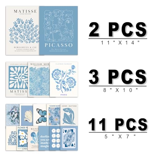 ANERZA 16 PCS Blue Wall Art Decor, Matisse Gallery Wall Prints for Bedroom, Light blue posters for Room Aesthetic, Collage Kit Pictures for Living Room, Teen Girls Dorm Home Artwork - color: Blue, size: 11"x14" Unframed