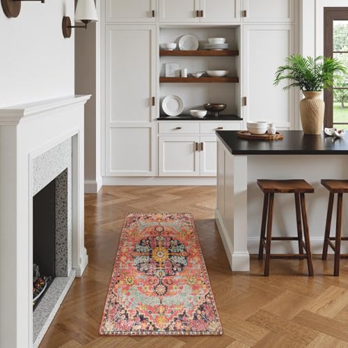 Lahome Reine Bohemian Floral Medallion Runner Rug, 2x4 Pink Bathroom Rug Runner, Machine Washable Non-Slip Hallway Mat Indoor Laundry Carpet Runners for Kitchen Living Bedroom, Fuchsia/Multi - color: Fuchsia/Multi, size: 2' x 4' (Runner)