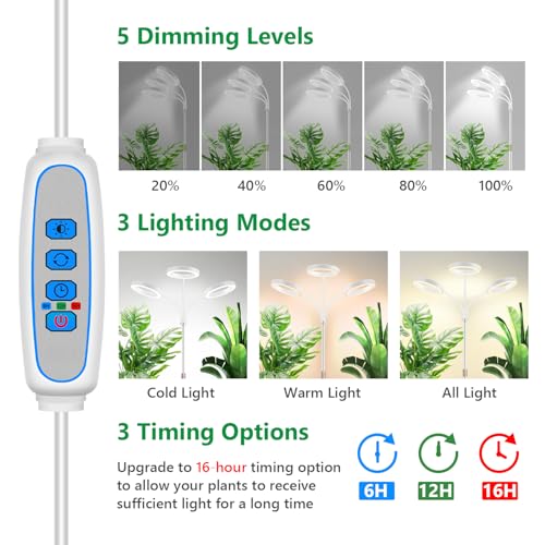Aumtrly Grow Lights for Indoor Plants, 3 Head Full Spectrum Plant Light with 68" Adjustable Stand for Growing Large Tall Plants, White Halo Floor LED Grow Lamp with 16 Hour Timer - size: 3 head 68inch/white