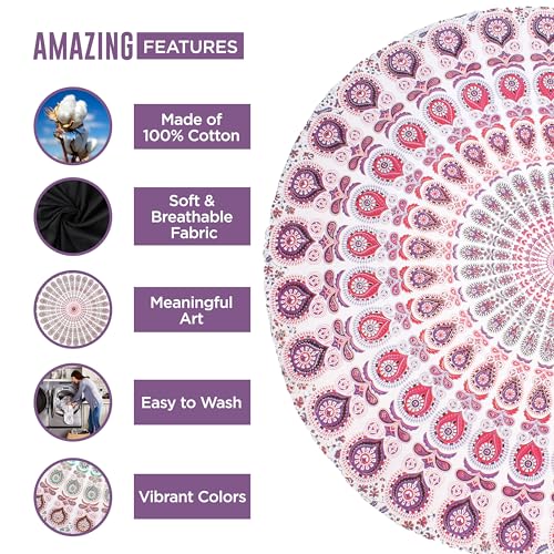 raajsee Mandala Round Beach Tapestry Hippie/Boho Beach Blanket Roundie/Indian Cotton Throw Bohemian Round Table Cloth/Yoga Mat Meditation Picnic Rugs 70 inch Circle (WHITE PINK) - color: WHITE PINK