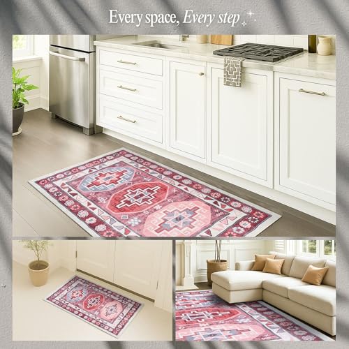 Turkish Rug. Washable Vintage Oriental Antique Inspired Traditional Doormat Small Modern Area Rugs Luxury Entryway Entry Bedroom Bathroom Kitchen (378RR, 2' x 3') - color: 378rr, size: 2' x 3' (Rectangular)