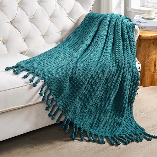Striped Knit Throw Blanket with Braided Tassels 50" x 60", Hand Knitted Soft Chunky Chain Design Boho Farmhouse Blanket, Solid Color Tassel Decor Throw for Couch Bed Sofa Outdoor, Dark Teal - color: Dark Teal