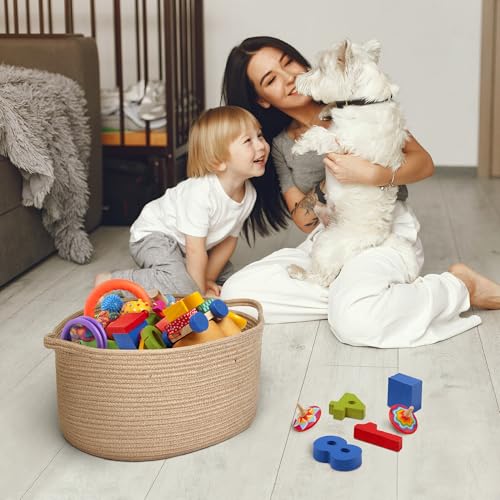 MEGASKET Jute Wicker Storage Basket with Handles, 17"x12"x8" Decorative Woven Baskets for Organizing Dog Toy, Gifts, Book, Towel, Cloth, Boho Storage Bin for Shelves, Entryway, Closet, Home Decor - color: Jute