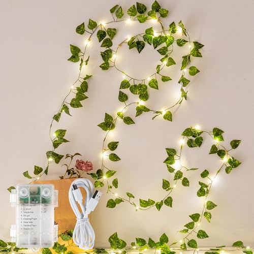 HEYFUNi 23ft Pre-Wrapped Pothos Vine Lights with 73 LEDs, USB or Battery Operated Artificial Greenery Garland with Fairy Lights for Bedroom, Dorm Room, Wall Decor, Boho Room Decor, Warm White - color: Pothos, size: 73 LED-USB & Battery