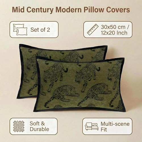Mantle & Mason Leopard Lumbar Throw Pillow Covers 12x20 Set of 2 Cheetah Decorative Pillow Covers for Couch Bed Living Room Mid Century Modern Soft Cushion Covers Dark Green - color: Leopard Green, size: 20" x 12" (Pack of 2)
