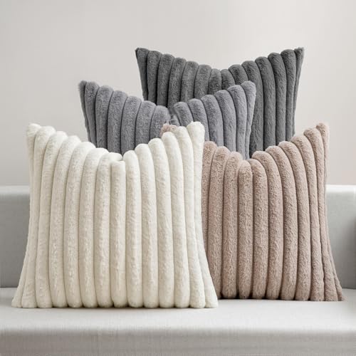 MIULEE Faux Fur Plush Decorative Throw Pillow Covers 20x20 Set of 4, Boho Farmhouse Soft Fuzzy Striped Cushion Covers for Sofa Couch Bed Living Room Vintage Rustic Home Decor,Grey Taupe - color: Grey Taupe, size: 20" x 20" (Pack of 4)