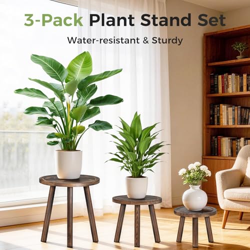 3-Pack Upgrade Thicken Wood Plant Stand Indoor, for 6-12 Inch Pots, Plant Stool Water-resistant Pinewood, Mid Century Modern Decor, Plant Stand 3 Sizes, for Living Room, Balcony, Office(Dark Brown)