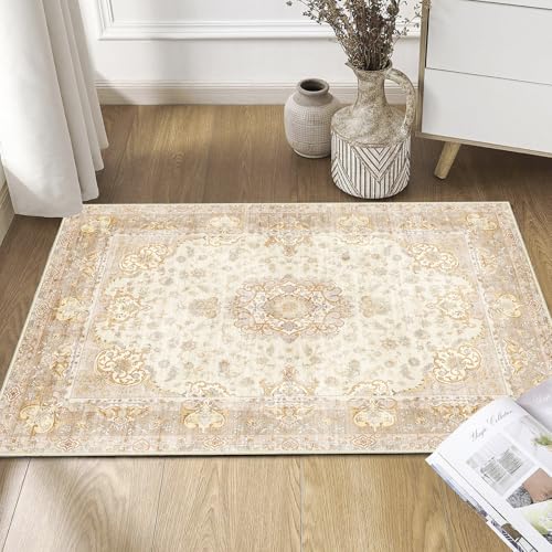 Small Rugs 2'x3',Boho Rug for Entryway Bathroom Kitchen Entrance Doormat,Vintage Bohemian Distressed Washable Accent Indoor Mat Floor Throw Carpet Non Slip,Beige Gold Floral - color: Beige, size: 2'x3'