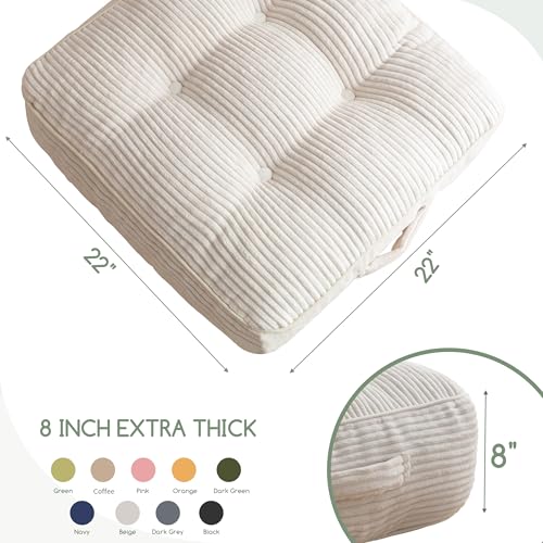 HIGOGOGO 8" Extra Thick Floor Pillow Cushion for Adults, Meditation Cushion Pillow, Large Square Floor Sitting, Tufted Corduroy Cover, for Tatami Living Room or Yoga, 22x22 Inch, Beige - color: Square Beige, size: 8" Thick(Pack of 1)