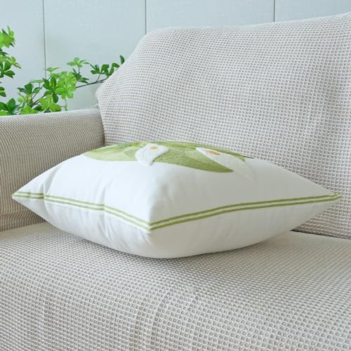 vctops Farmhouse Calla Lily Cotton Tufted Throw Pillow Cover Spring Floral Embroidery Pillowcase Soft Square Cushion Case for Sofa Couch Bed Chair (White C,18"x18") - color: White C
