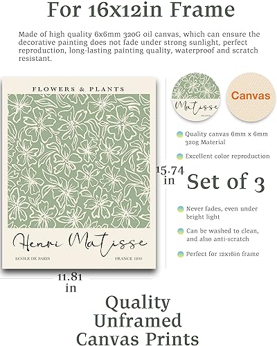 HesenDot Matisse Sage Green Wall Art Set of 3,William Morris Wall Art Decor,12x16IN Truly Quality Canvas Wall Art Pictures,Yayoi Kusama Print, Unframed Fabric wall art,Art poster decoration for - color: Sage Green Wall Art Unframed, size: 16"L x 12"W