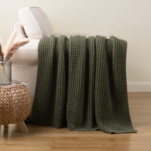 Bunnikins & Clover Olive Green Throw Blanket for Couch, Waffle Knit Blanket Throw, Super Soft Warm Dark Green Throw Blanket for Home Decor,Sofa and Living Room, 60"x80" - color: Olive Green, size: 60"x80"
