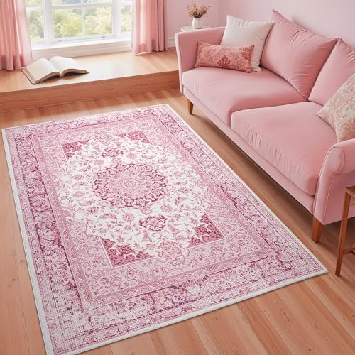Macgace Bright Pink Area Rug for Girls Bedroom, 3x5 Soft Washable Rugs with Non-Slip Backing for Living Room, Cute Vintage Carpet for Kitchen Laundry Kids Room Decor - color: Pink & White, size: 3' x 5' (Rectangular)