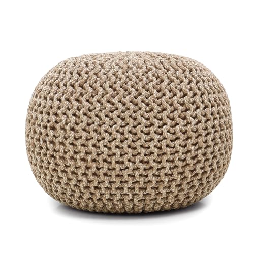 REDEARTH Round Pouf Ottoman - Hand Knitted Cable Boho Poof Home Décor Pouffe Circular Footrest for Living Room - Nursery - Bedroom - Lounge 100% Cotton (19.5"x19.5"x14") - Beige Ivory - color: Beige Ivory, size: 19.5"D x 19.5"W x 14"H