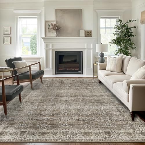 Brown Grey 5x7 Washable Rug for Living Room Large Vintage Distressed Bedroom Rug Low Pile Non-Slip Soft Boho Carpets for Bedroom Dining Room Home Office Indoor Nursery Antique/Moss - color: Brown Grey, size: 5'*7'(Rectangular)