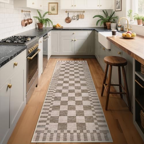 GarveeHome 2.5×8 Kitchen Runner Rug Non Slip Brown Checkered Rug,Washable Runner Rug for Hallway Soft Low-Pile Geometric Tan Brown Print Checkerboard Rugs for Entryway Kitchen Dining Room - color: Brown, size: 2'5" x 8' (Rectangular)