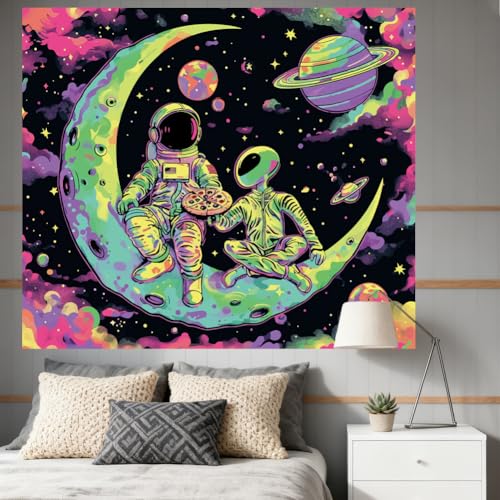 CRAFTYMELODY Astronaut Alien Blacklight Tapestry Glow in the Dark Tapestry UV Reactive Funny Universe Wall Hanging 59×51 Inch with Hook Self Adhesive Sticker Clip for Bedroom Home Wall Decoration - color: Astronaut
