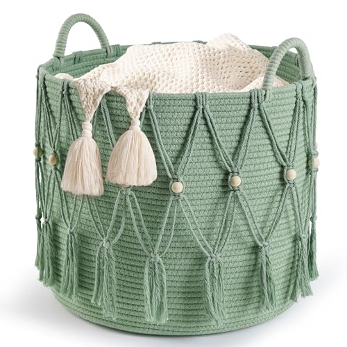 Blanket Basket for Living Room Decor Storage Basket for Toy Organizer Boho Decor Baskets for Modern Farmhouse Decor Small Laundry Basket for Bedroom and Laundry Room Organization,Green - color: Green