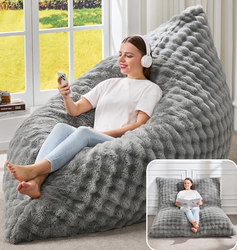 Hobestluk 3 in 1 Bean Bag Chair Giant Bean Bag Chairs for Adults with Bubble Cover Convertible Bean Bag Floor Cushion with Machine Washable Cover for Living Room (Bubble Grey) - color: Ash Grey