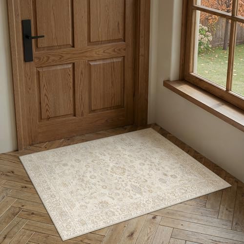 2x3 Beige Washable Area Rug for Living Room Bedroom Neutral Soft Floral Non Slip Thin Throw Rug Lightweight Vintage Low Pile Distressed Doormat Entrance Dinning Laundry Room Kitchen - color: Beige, size: 2'x3'