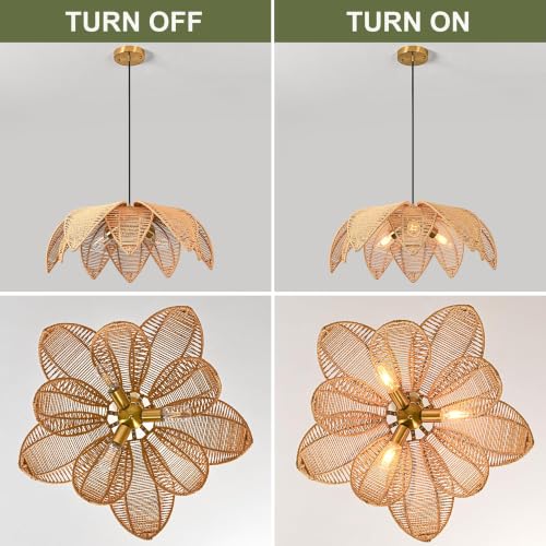 3-Light Rattan Boho Chandelier for Dining Room,24" Hand Woven Wicker Coastal Hanging Pendant Light for Kitchen Island Bedroom Living Room - size: 23.6″Flower