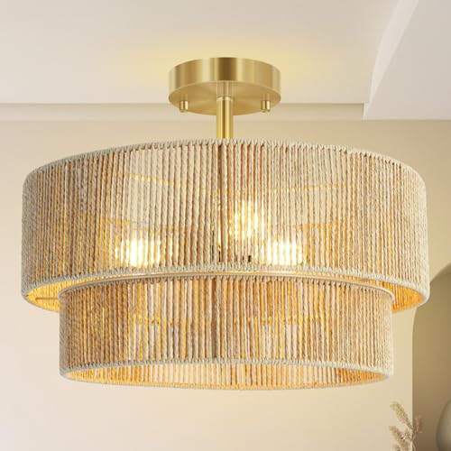 BoostArea 16.54” Boho 2-Tier Rattan Ceiling Light Fixture, Semi Flush Mount Woven Chandelier for Bedroom, Dining Room, Kitchen, Entryway, Living Room(Bulb not Included) - color: Beige