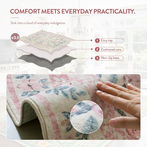 Lahome Sylvie Boho Hallway Runner Rug 2x6,Floral Kitchen Runner Rugs Non Skid Washable,Super Soft Indoor Throw Carpet for Girls Bedroom Bedside Bathroom Laundry Room, Pink/Multi - color: Blush Pink, size: 2' x 6' (Runner)