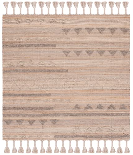 SAFAVIEH Natura Collection Area Rug - 6' Square, Natural & Beige, Flat Weave Boho Braided Tassel Jute & Wool Design, Ideal for High Traffic Areas in Living Room, Bedroom (NAT278A) - size: 6' x 6' (Square)