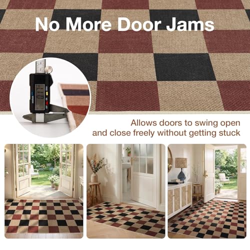 Sasttie Checkered Jute-Look Entryway Rug, 3x5 Washable Rug Front Door Mat, Non-Slip Neutral Farmhouse Throw Rugs for High Traffic Indoor & Outdoor, Red/Black/Natural - color: Red & Black & Natural, size: 3' x 5' (Rectangular)