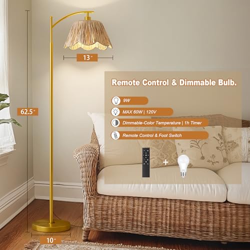 Oneach Arc Floor Lamp for Living Room with 3 Color Temperatures, Rattan Boho Floor Lamp with Hand-Woven Wicker Shade,Farmhouse Floor Lamps with Remote & Dimmable Bulb, Suitable for Bedroom（Gold） - color: Oil Gold