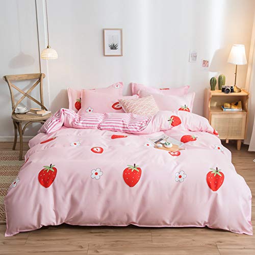 Girls Pink Strawberry Duvet Cover Set Sweet Floral Print Comforter Cover Set Cute Fruit Theme Bedspread Cover with Zipper,Luxury Reversible Stripes Bedding(Queen) - color: Multi 47, size: Queen