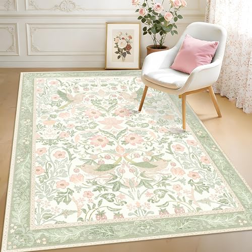 5'x7' Area Rugs Washable,Green Rug for Living Room Bedroom,Large Boho Farmhouse Bohemian Botanical Distressed Oriental Carpet Non Slip,Sage Floral Bird - color: Green Floral Bird, size: 5'x7'