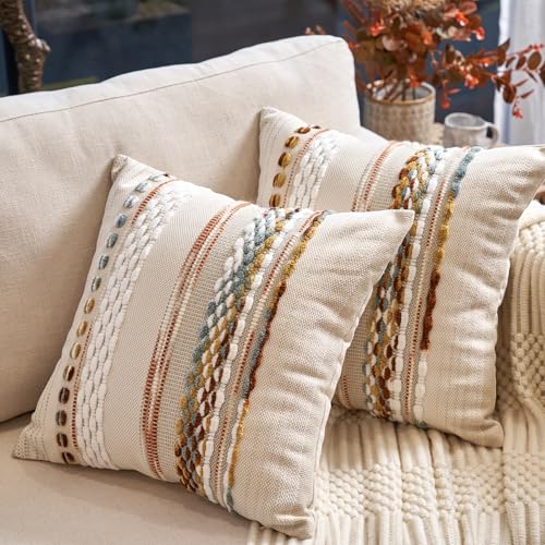 Aeckself Boho Throw Pillow Covers 18x18 Inch Set of 2, Farmhouse Decorative Striped Square Pillow Covers Chenille Tufted Pillow Cases Accent Neutral Pillowcase for Living Room Couch Bed, Orange White - color: Orange White