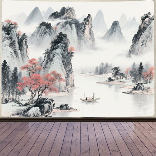 Aidatain Cherry Blossom Mountain Tapestry Chinese Japanese Landscape Painting Wall Tapestries, Large 80" L x 60" W Flannel Fabric Art Tapestries for Living Room Bedroom Dorm Decor GTTLAT1 - color: Cherry Blossom Mountain