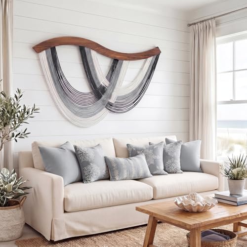 Mindsoft Neutral Grey Macrame Wall Hanging Dip Dyed Yarn Wall Art, Boho Decor Handmade Cotton Rope Tapestry for Bedroom, Living Room, Nursery, 31.5 x 23.6 Inch - color: Cool Tone Neutral