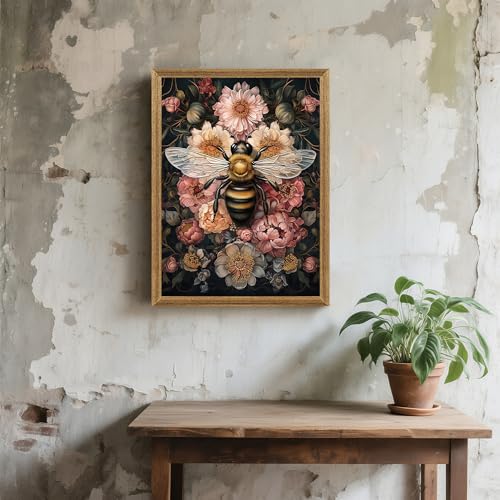ICHZUMW Dark Cottagecore Room Decor, William Morris Bee Floral Print, Boho Witchy Mystical Home Decor, Goblincore Botanical Wall Art, Dark Academia Canvas for Bathroom Bedroom, 12x16in - color: Bee, size: 16"L x 12"W