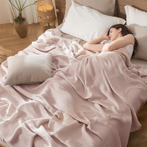 MooMee Muslin Blanket - 100% Cotton 4-Layer Gauze Throw Blanket with All-Around Fringe, Soft Breathable Lightweight Cooling Summer Blankets for Bed Couch(Greyish Pink,Oversize Queen 98" x 98") - color: Greyish Pink, size: Oversize Queen
