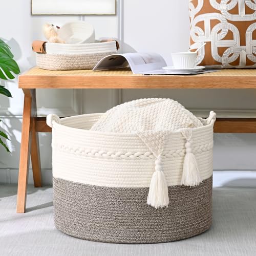67L Large Blanket Basket, 20"x13" Woven Storage Baskets With Handle, Cotton Rope Blanket Basket Living Room, Baby Laundry hamper for Blanket, Nursery, Toy, Pillow (White & Grey) - color: White & Grey, size: 67L