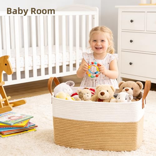 BOLDMONKEY 72L Laundry Basket with Leather Handles,Woven Cotton Rope Blanket Basket,Toy Bin for Baby Room,Laundry Hampers for Bedroom, Living Room,Bathroom,22"x17"x11.8" Khaki - color: Khaki, size: 72L