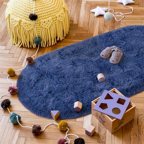 Goideal Fluffy Bedroom Rug, Small Oval Area Rugs, Light Navy Shag Bedside Carpet for Kids Room Nursery Dorm Cute Fuzzy Indoor Decor for Boy and Girl, 2.6 x 5.3 Feet - color: Light Navy