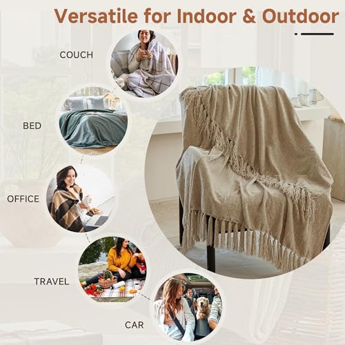 Simple&Opulence Soft Chenille Throw Blanket 50'' x 60'' - Cozy Fluffy Blanket with Fringe Tassel, Farmhouse Boho Blankets for Couch Bed Office Chair Gift Home Decor All Season Use, Khaki - color: Khaki