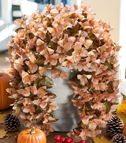 Bougainvillea Artificial Flowers Plants for Outdoors Outside Fall Autumn Decoration, 2 pcs Faux Silk Long Trailing Vines UV Resistant Look Real Brown Fake Flowers for Front Door Porch Planter Urn Yard - color: Fall Brown