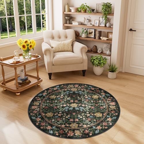 DUKINO Floral Washable Round Rug, 4ft Non Slip Vintage Area Rug for Bedroom, Soft Lightweight & Low Pile Design Small Floral Circle Carpet for Entryway, Kitchen, Nursery, Living Room, Black - color: Black, size: 4' (Round)
