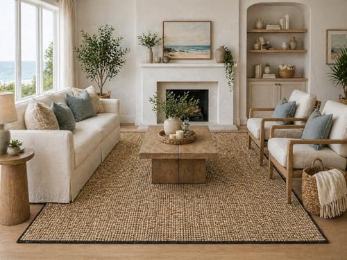 Chardin home 5x7 Jute Cotton Handwoven Area Rug | Braided Boho Farmhouse Rug in Natural Jute/Black | Rustic Vintage Floor Covering for Living Room, Bedroom, Kitchen, and Entryway - color: Natural Jute-black, size: 5' x 7' (Rectangular)