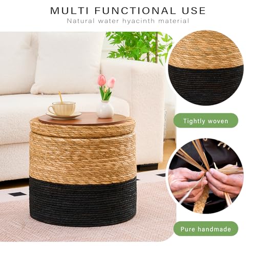 Wimarsbon 18'' Ottoman Pouf, Natural Braided Poof, Rustic Handweave Lounge Pouffe, Boho Footrest Stool for Bedroom, Accent Table for Living Room (Storage - 18inch Cattail+Black Corn Husk L) - color: Storage - 18inch Cattail+black Corn Husk L