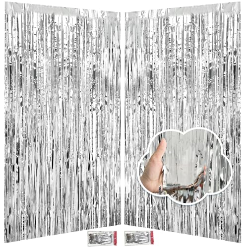 Silver Backdrop Tinsel Foil Fringe Curtains Party Decorations 3.3x8.2ft, Fringe Backdrop Party Streamers for Birthday Wedding Engagement Baby Shower Graduation Disco Christmas, 2 Pack - color: Silver